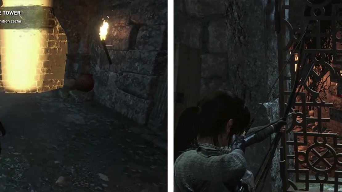Break down the weak wall (left) and follow the passage to the Grenade Arrows. Use the Grenade Arrows to destroy the blocked door (right).