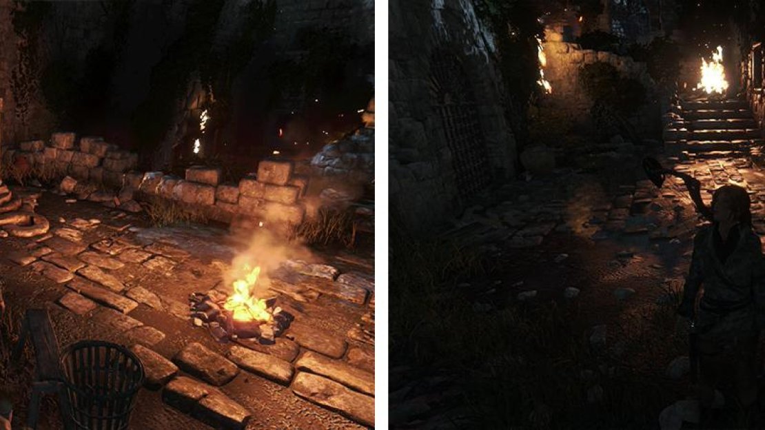 There is a Monolith and Document 05 by the Base Camp (left). Coin Cache 02 can be found by the destroyed door (right).