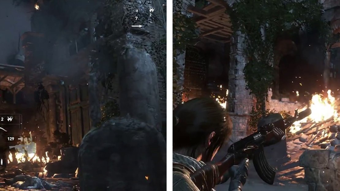 Shoot the barrels on the wooden walkway to bring it down (left). Continue to fight through the ruins (right) until you reach the next Base Camp.