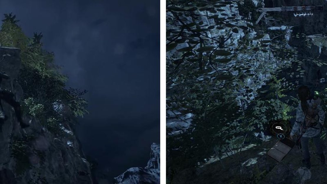 Use the Grapple Axe to reach the ledge above (left). You’ll find Document 09 in the shrubs nearby (right).