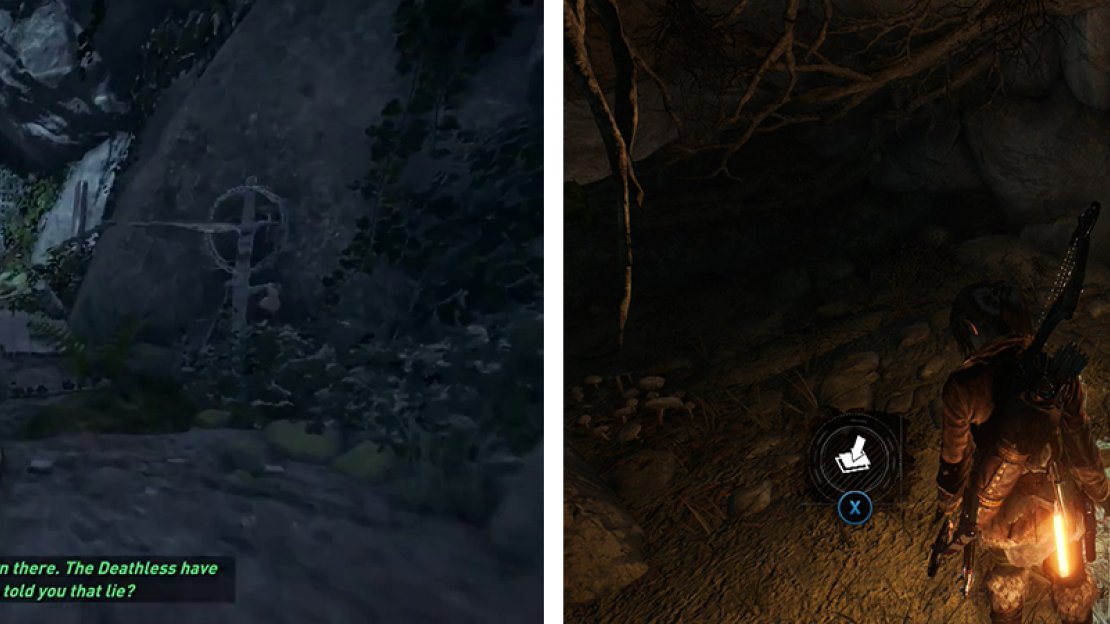 The entrance to the Challenge Tomb can be found behind the waterfall (left). Look out for Survival Cache 11 as you proceed towards the puzzle room (right).