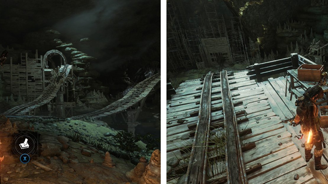 Survival Cache 12 can be found opposite the ramps (left). Relic 08 is by the cart at the top of the right hand ramp (right).