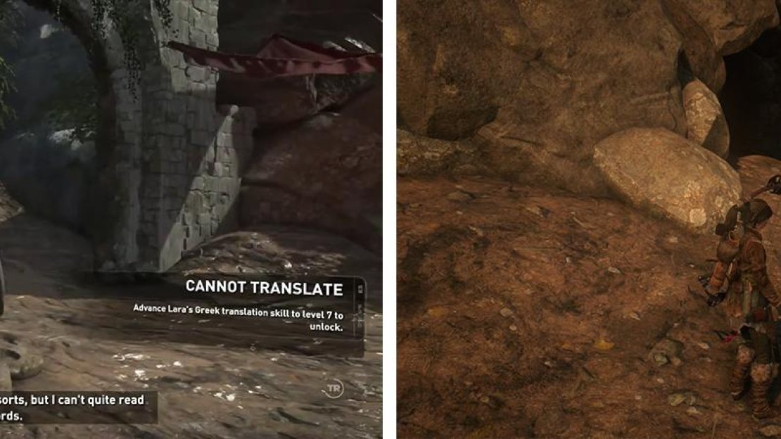 Decipher the Monolith by the ‘Ruins Encampment’ Base Camp (left) and then nab Coin Cache 04 by the entrance to the Crypt (right).