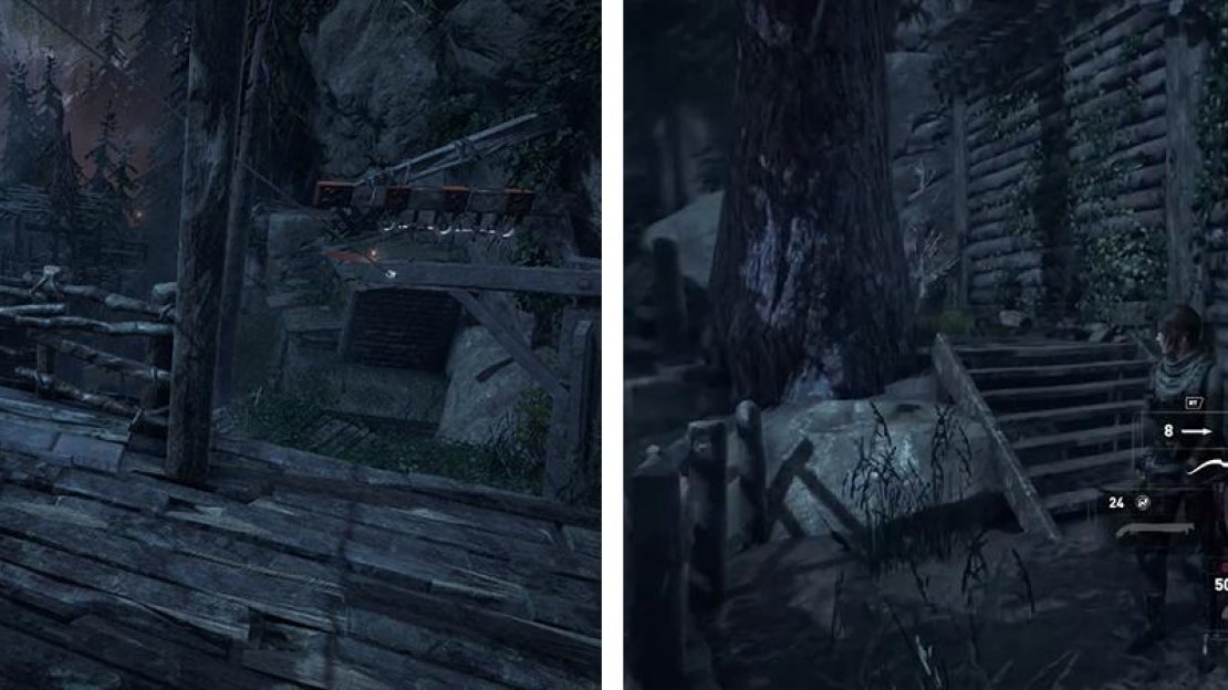 Document 18 can be found on a ledge requiring the grapple axe to reach (left). Strongbox 07 is hidden behind the blocked door (right).