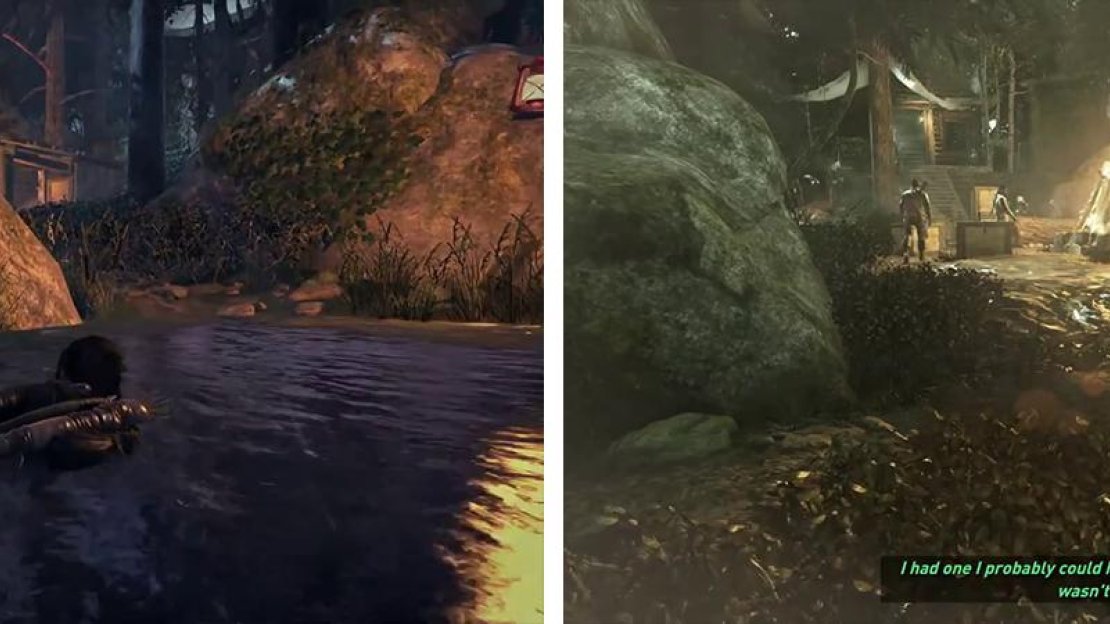 Swim over and take the first enemy down from the water (left). Climb out and enter the first section of the village (right).