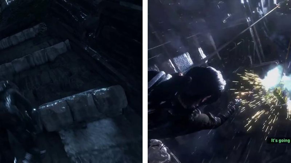 Climb to the top of the cathedral’s interior (left). During the cut-scene, shoot the generators (right) to continue.
