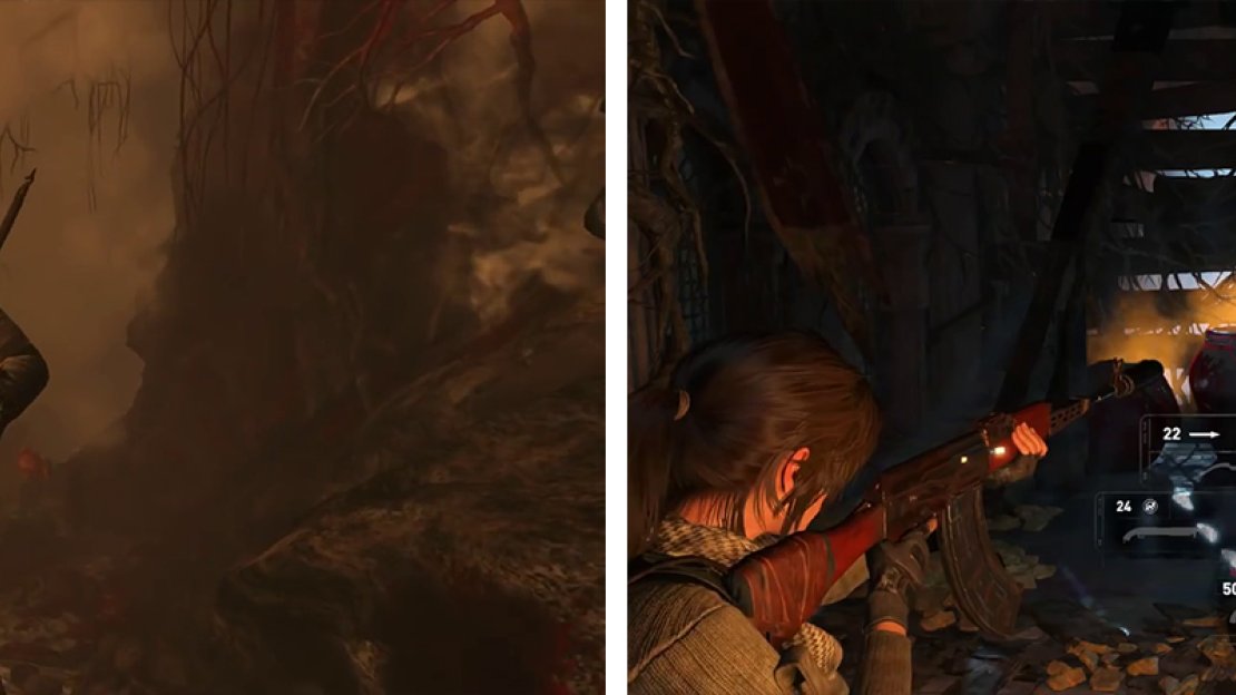 Head down the ramp with the bodies (left). At the end of the tunnel, shoot the vessels of Greek fire (right).