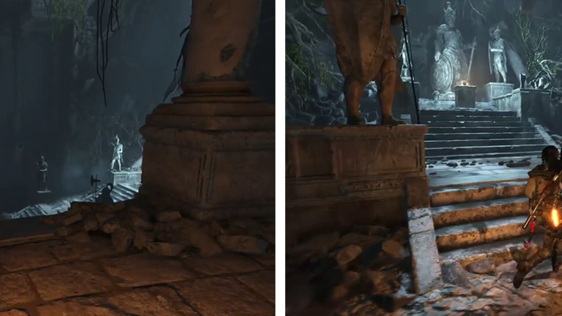 Swing across the rafters to a passage on the far side for Document 03 (left). Approach the artefact to continue (right).
