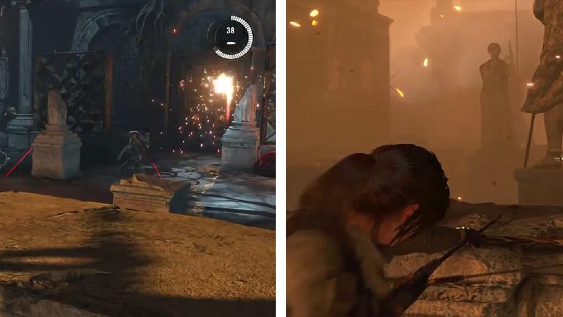 Use the Greek fire to help clear out enemies (left). In the second room, eliminate the enemies - use their lasers to help identify their positions (right).