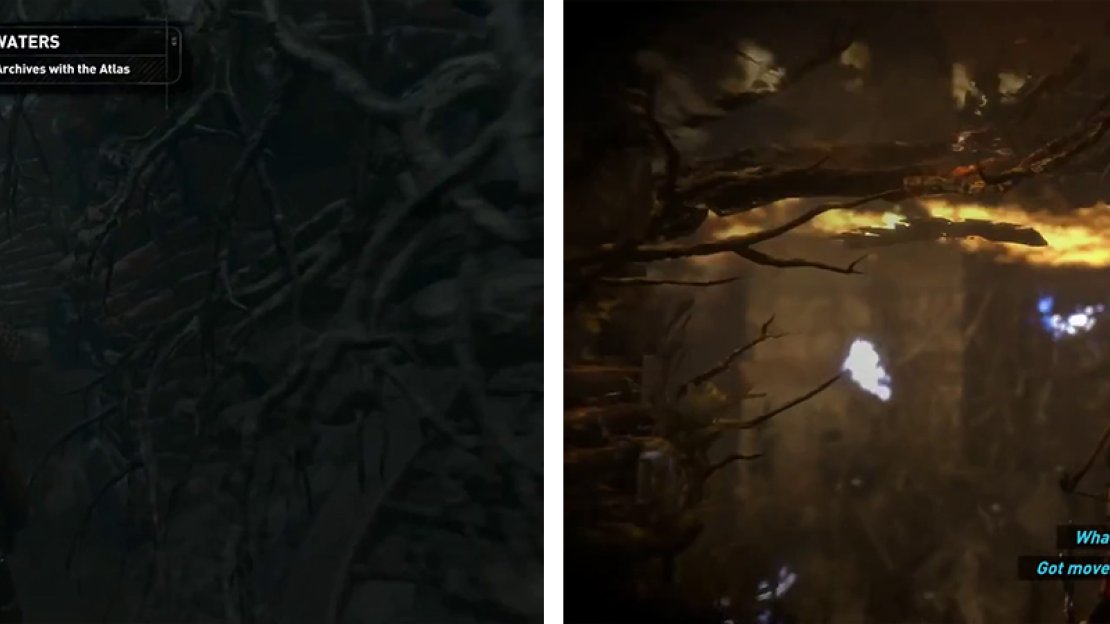 Wade through the water (left) and then swim beneath the surface (right) until you pick up the Rebreather.