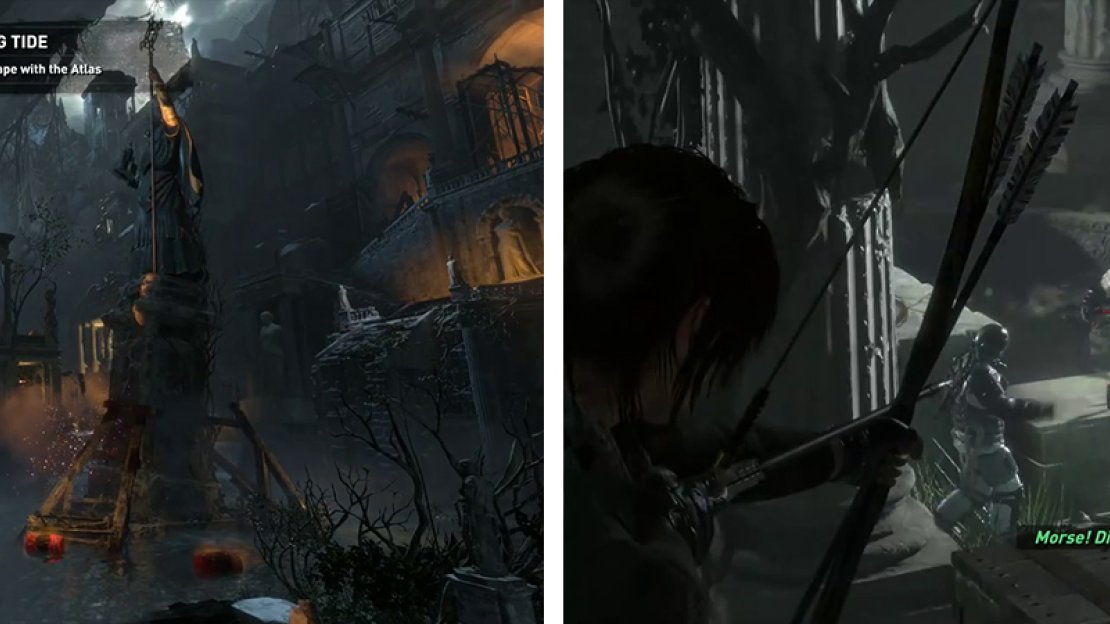 Destroy the barrels at the base of the statue (left). Head through to the north and take out the enemies in the room below (right).