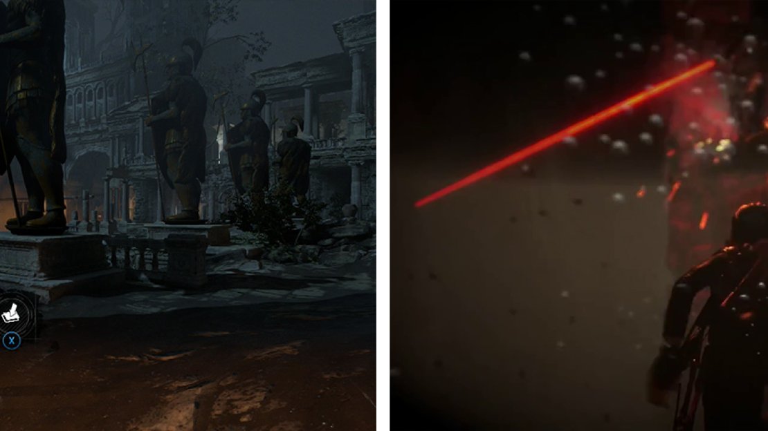 Survival Cache 01 is by the Camp Fire (left). Enter the door to the south and use water takedowns to eliminate the enemies (right).