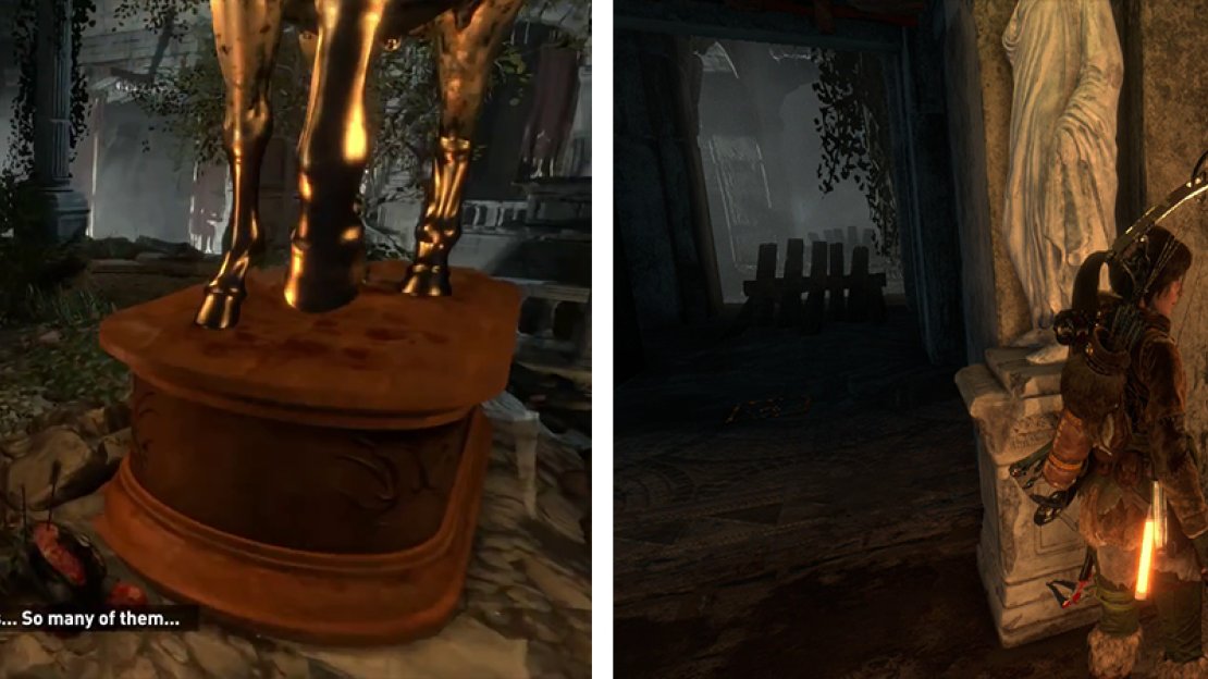 Use Rope Arrows to pull down the barrier (left). Swing across the gap and avoid the trap before looting Relic 02 (right).
