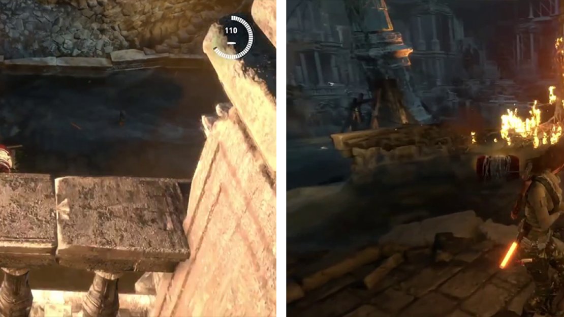 Release a barrel and destroy it when it reaches the barricade (left). Afterwards release another barrel and attach the rope pillar to it (right).