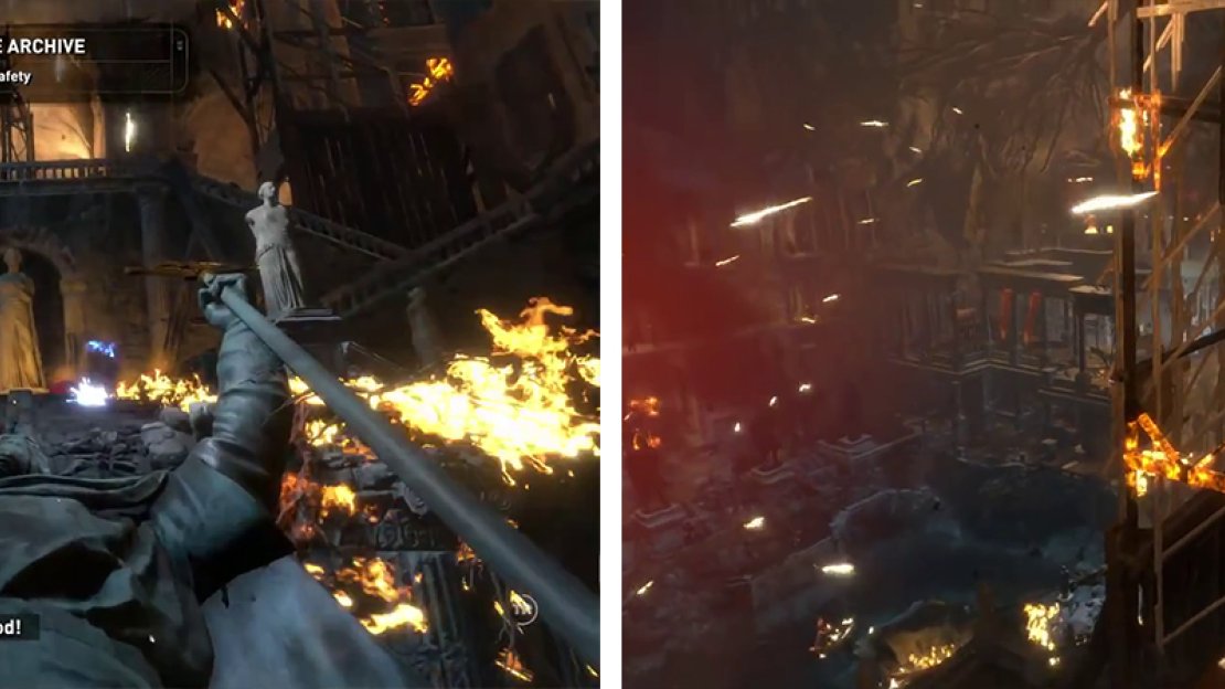 When you regain control we’ll need to run (left). Make your way across the set platforming path to the top of the room (right).