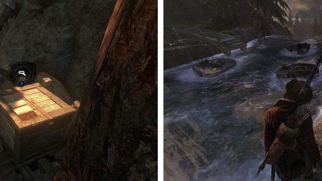 Before crossing the broken bridge, grapple axe up to the wooden platform for a Document 29 (left). Near the waterfall, you’ll find Survival Cache 17 (right).