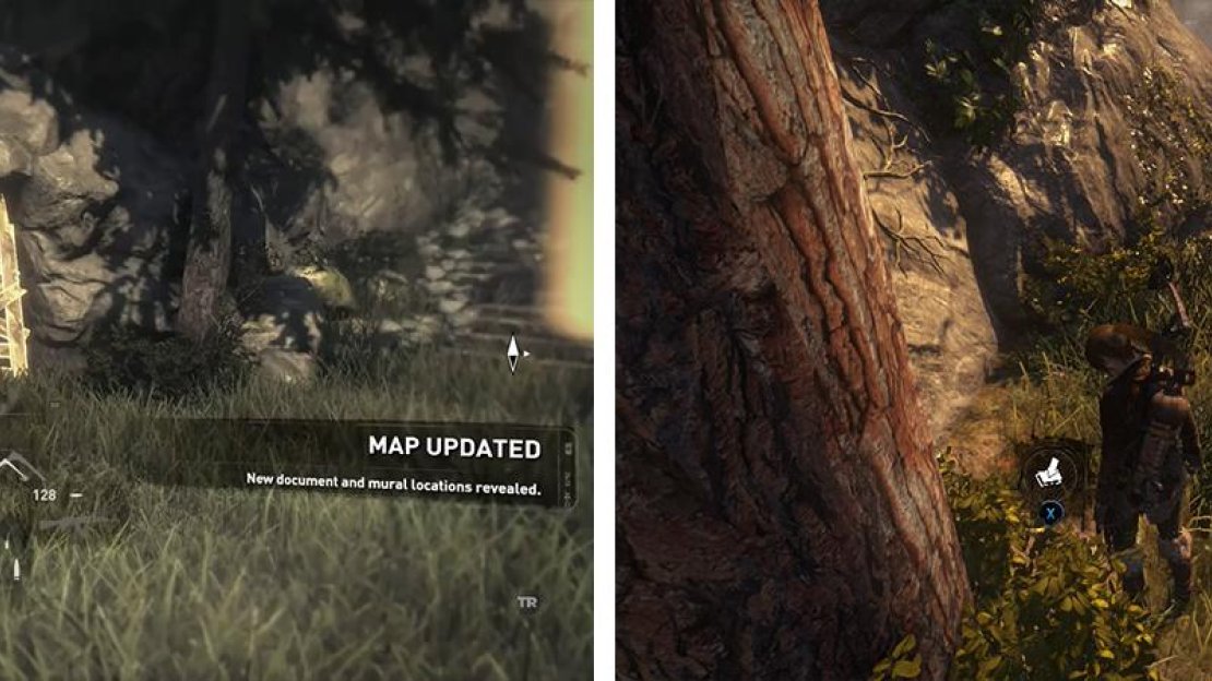 Destroy the barrier to find Relic 11 (left). Head down the hill to find a funeral - beside the people here you’ll find Survival cache 19 (right).