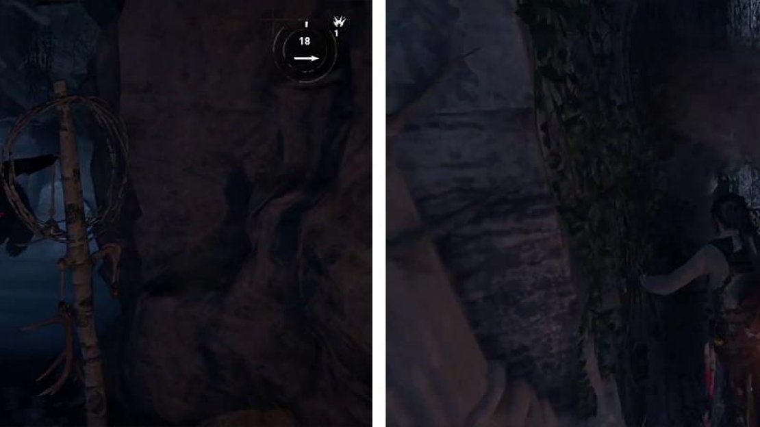 Enter the cave and kill the cave inside (left). Inside, avoid the water pipes whilst crossing the narrow platform (right).