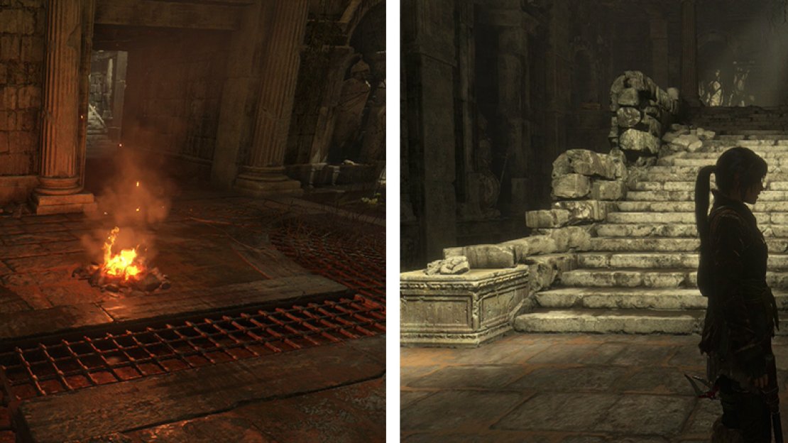 Relic 12 can be found by the Base Camp (left) and Relic 13 is found in the next room at the base of the set of stairs (right).