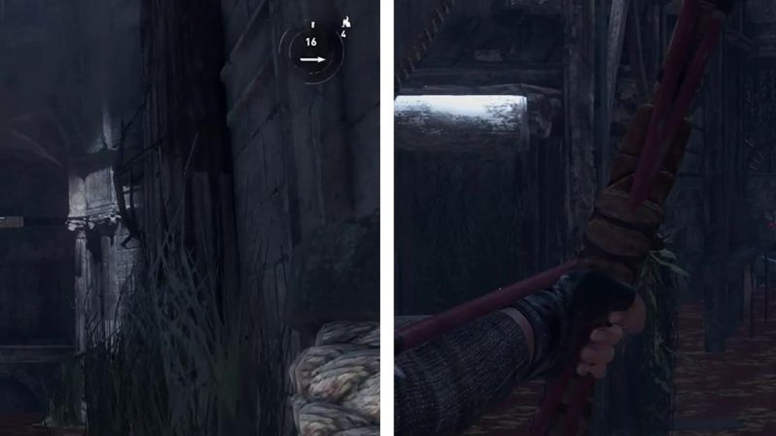 Use the Rope Arrows to draw the boat to the far ends of the room (left). Inside, use the switch to lower the water and then use a rope Arrow to attach it to the boat (right).