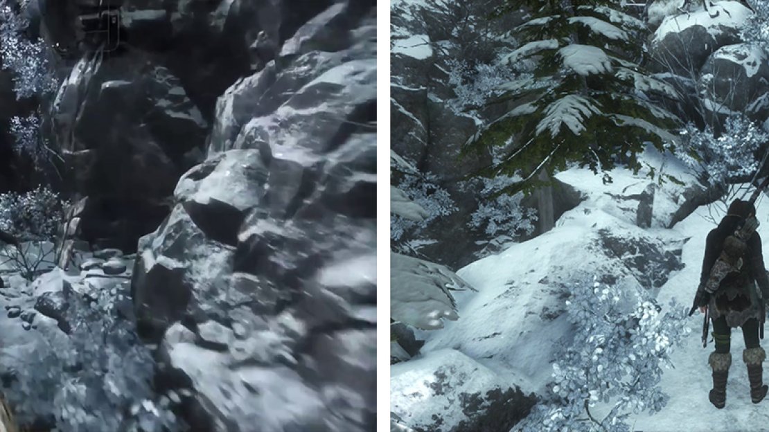 Follow the set route through the canyon (left). After crossing the small river, look in a dead end to the left for Survival Cache 01 (right).