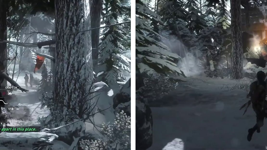 There are numerous enemies in the first stealth encounter (left). take out as many as possible form above. Afterwards, look behind the crashed snow plough (right) for an Archivist’s Map.