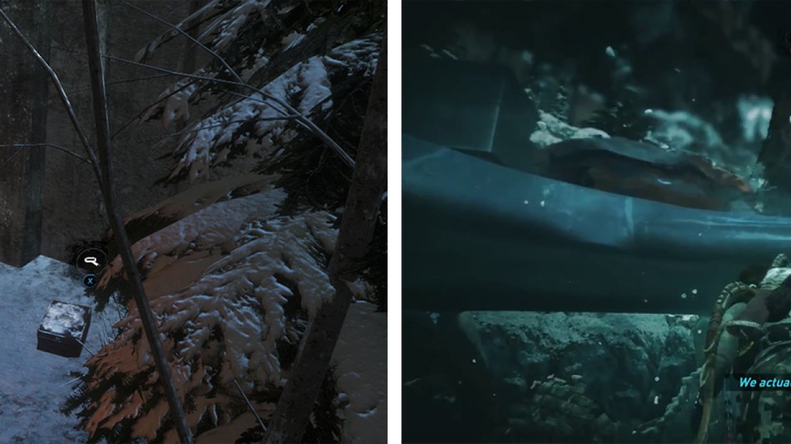 Grab Relic 01 by the Base Camp (left). Enter the water and perform a water takedown on one of the enemies by the research tents (right).