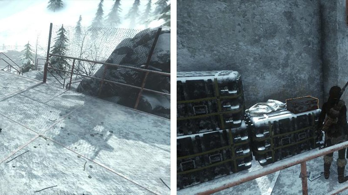 Upon arrving at the weather station, check the crate to the left for Document 01 (left). Around the back of the first structure is Relic 02 (right).