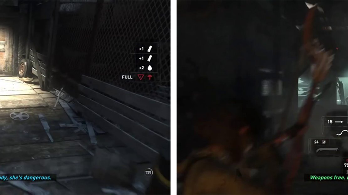 Enter the doorway behind the Base Camp when you are ready to continue (left). Fight your way through the building (right) until a scene plays.