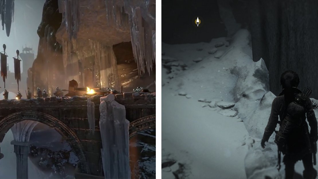 After crossing the narrow ledge (left), Document 02 can be found on a small ledge to the right (right).