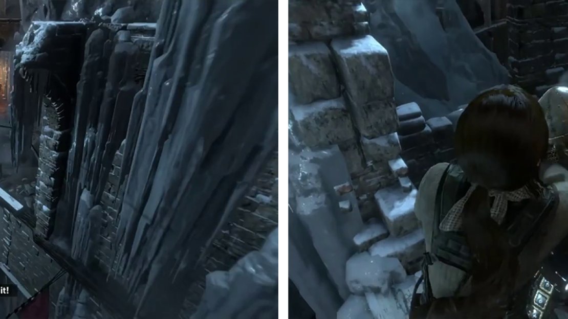 Zipline down to the wall (left) and climb to the top. Mash the melee button during the scene (right) to continue.