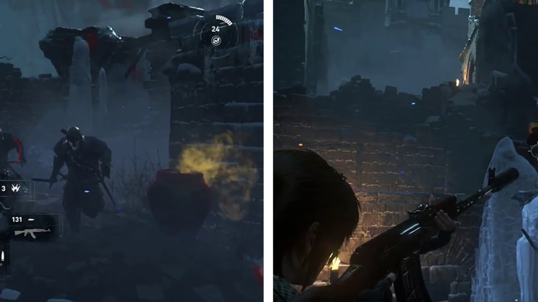 Use your weapons of choice to eliminate the Deathless soldiers (left). When the area is clear, look for the signal pyres (right) shoot these for the ‘Enemy of my Enemy’ area challenge.