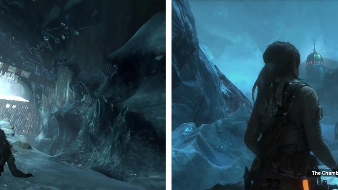 Slide down the hill (left) and follow the cave until you exit into a large cavern (right).