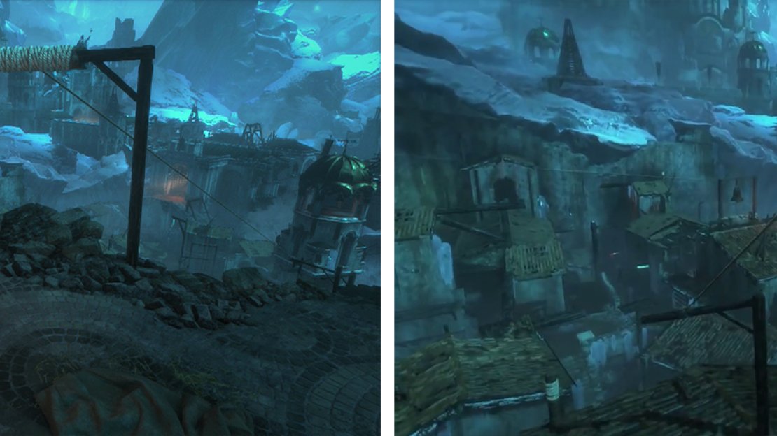 Grab Document 01 (left) before sliding down the zipline to continue (right).