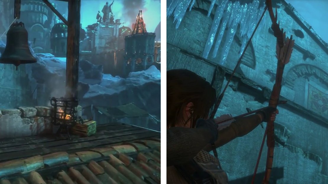 As you explore the area search for bells to cut down (left) and Banners to burn (right) for the area challenges.