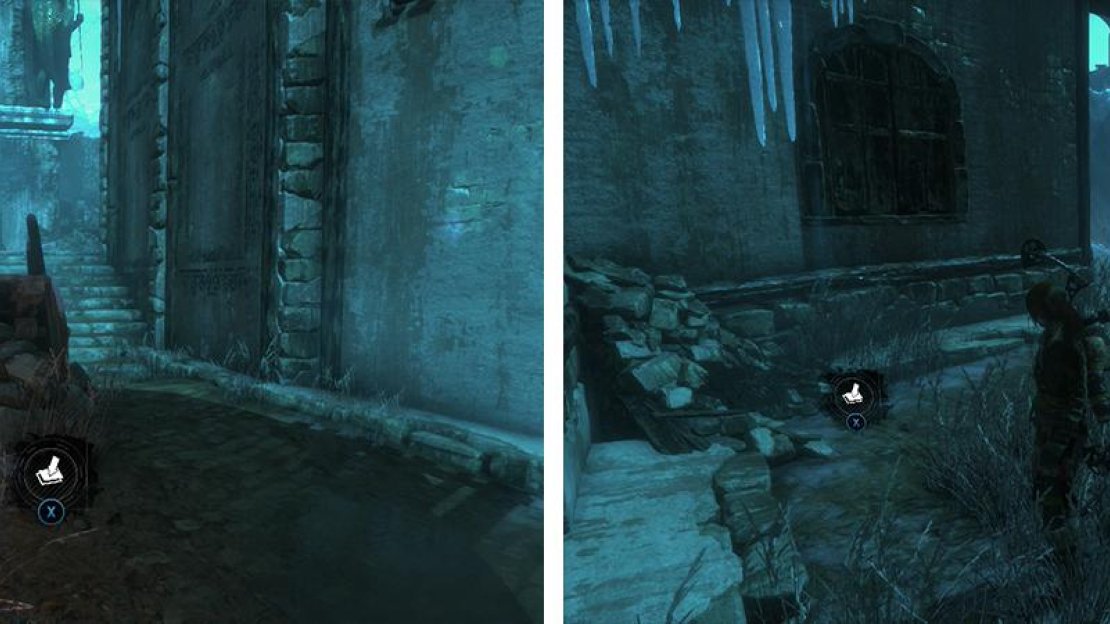 By the base of the stairs you’ll find Survival Cache 02 (left) and Coin Cache 02 (right) by the buildings opposite the entrance to the Challenge Tomb.