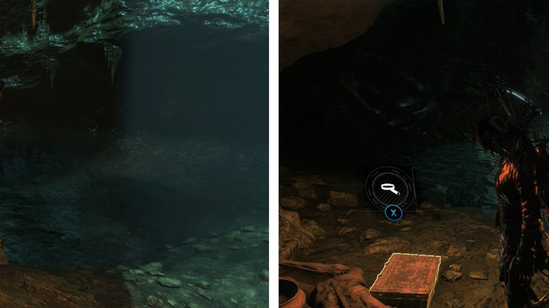 After jumping down into the pool of water loot Survival Cache 03 (left) and Relic 03 (right) before continuing.