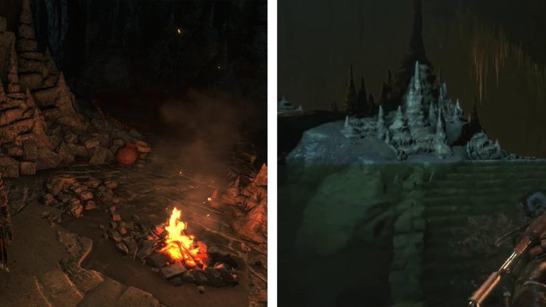 Grab Survival Cache 03 by the Camp Fire (left). Enter the water (right) and look for an underwater tunnel to the right leading to a room with Survival Cache 04 and an Archivist’s Map.