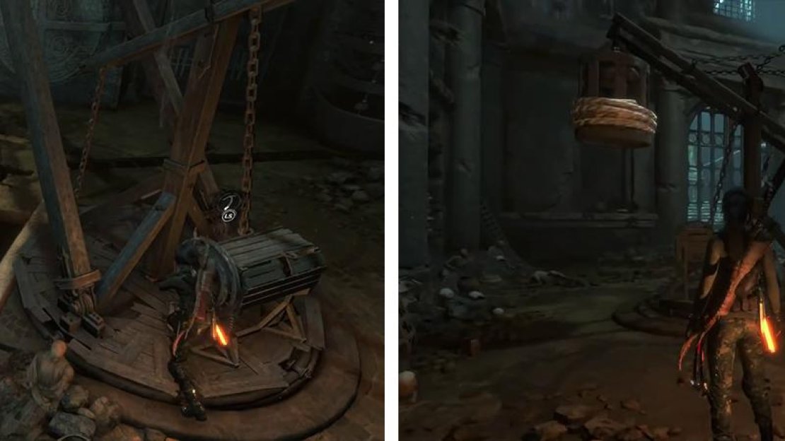 Use the wheel to raise the cage out of the floor (left). Use Rope Arrows to rotate the crane so that the cage is above the pool in the centre of the room (right).