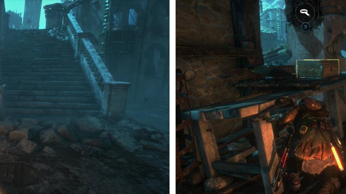 Document 06 is at the base of the stairs (left). Relic 06 can be found on the second floor of the building to the south (right).