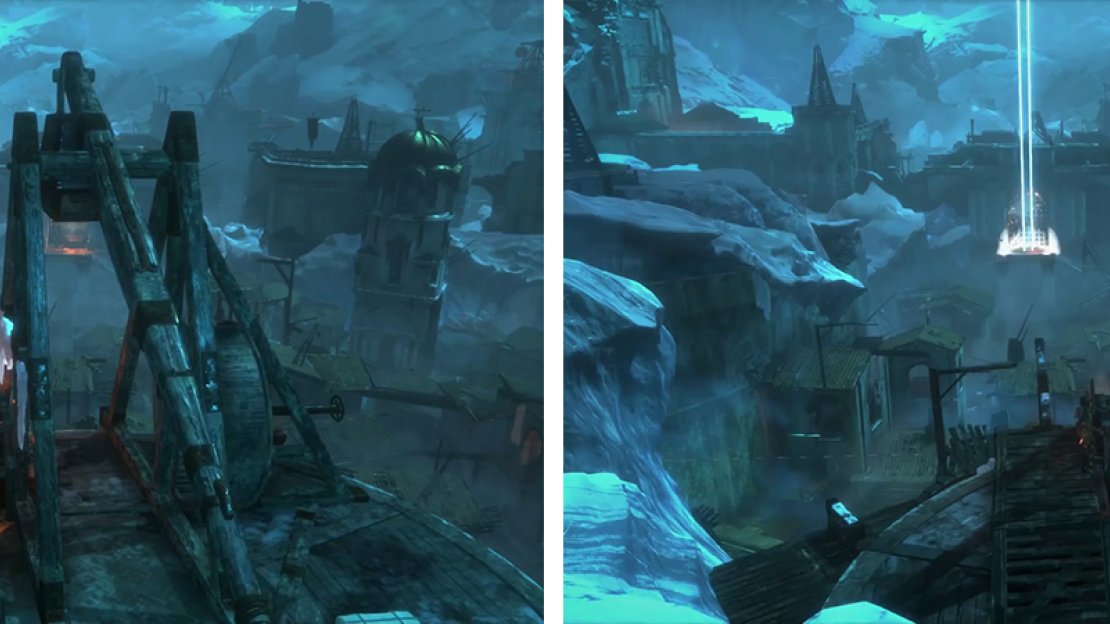 Use the trebuchet to light the signal fires (left) before targeting the gate (right).