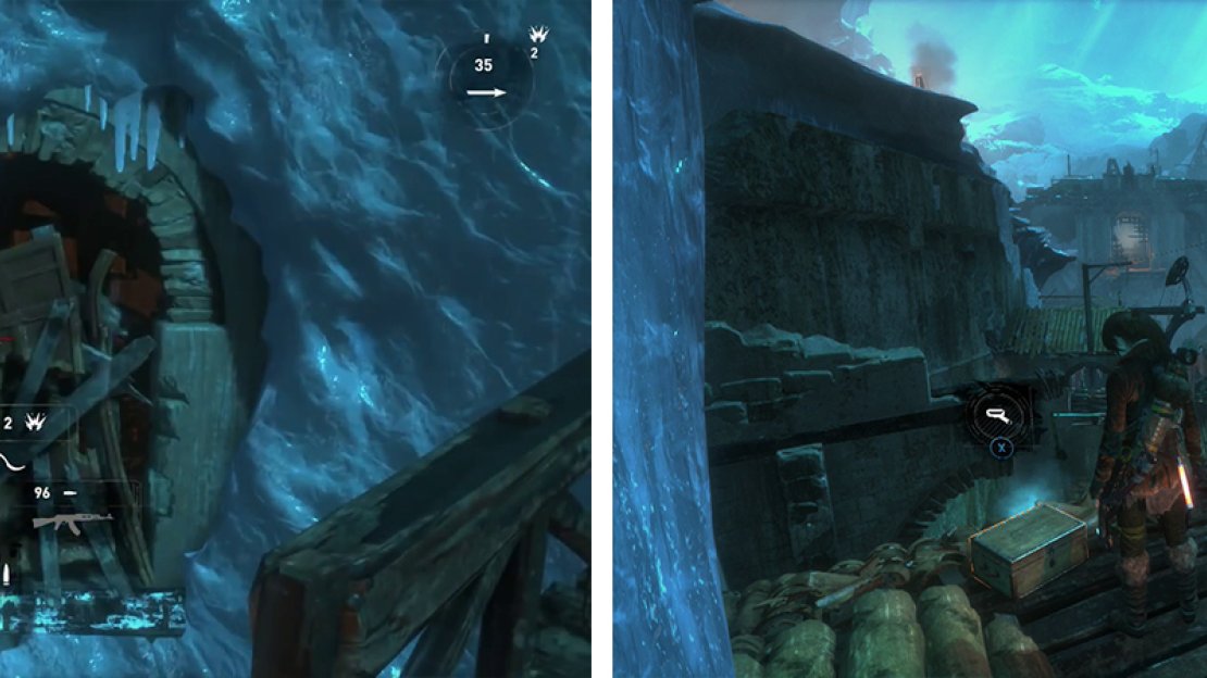 Destroy the barricade by the trebuchet (left). Head inside and hop out the other window to find Relic 06 (right).