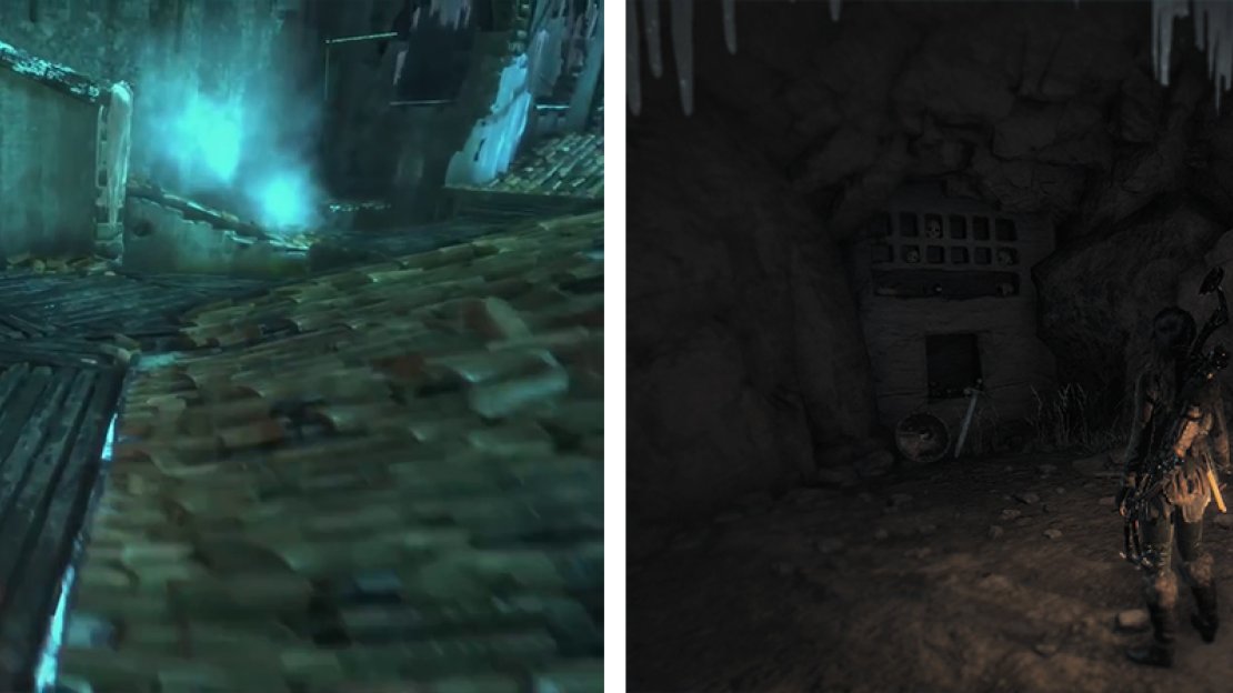 Enter the water beneath the trebuchet (left) to find an underwater entrance to a Crypt. Inside you’ll find Mural 02 (right).