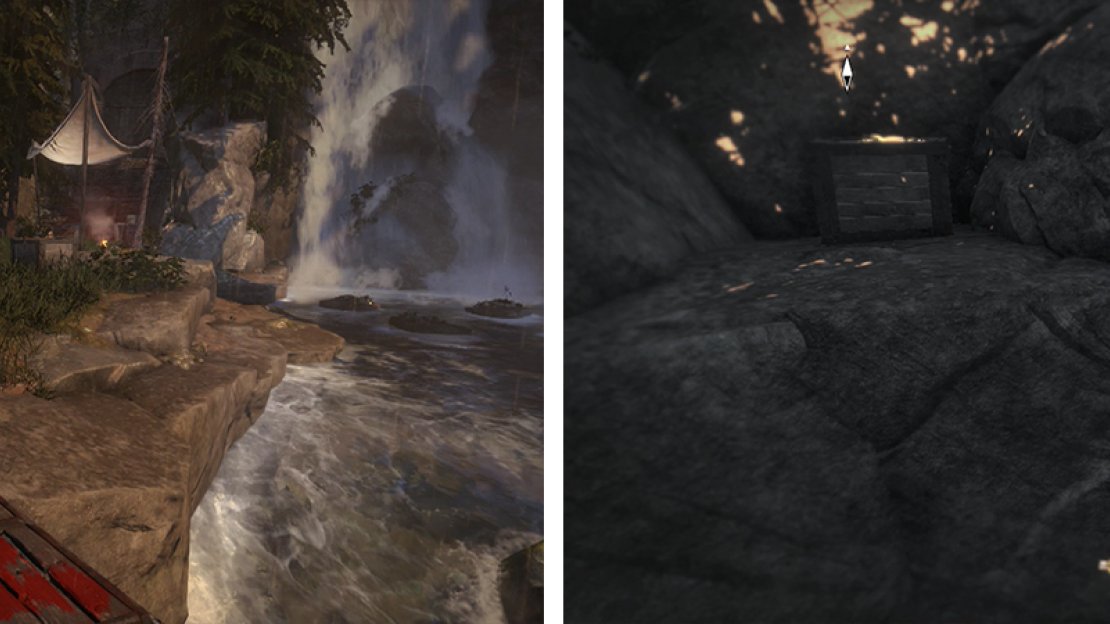 Dive from the platform by the Base Camp (left). Use the weak wood on the tree by the cave entrance to climb it using broadhead arrows (right) - hop to the nearby platform for Document 33.