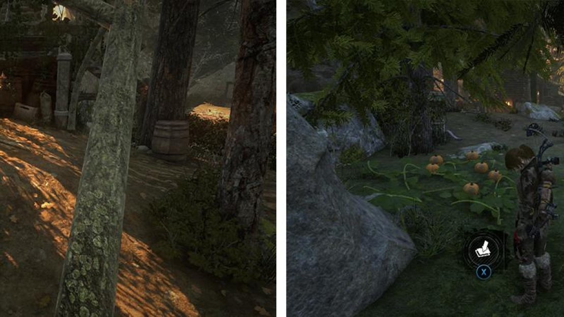 Coin Cache 09 (left) can be found entering the vilage from the south. Survival Cache 20 (right) and the ‘Tossing Gourds’ challenge can be found in a newly accessible area of the village.