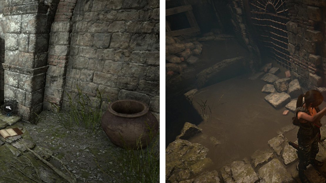Document 10 (left) and Coin Cache 03 (right) can be found inside the now open trap door.