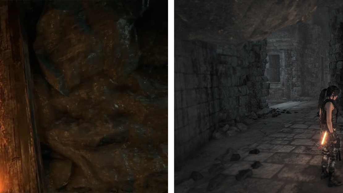 Use the Broadhead arrows to climb the weak wall at the end of the Flooded Archive (left). Follow the path through here until you reach Mural 03 (right).