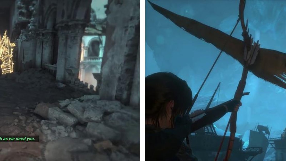 Destroy the barricade (left) to find Relic 09 on the walkway behind it. Use the Rope Arrows to swing down to the platform below (right).