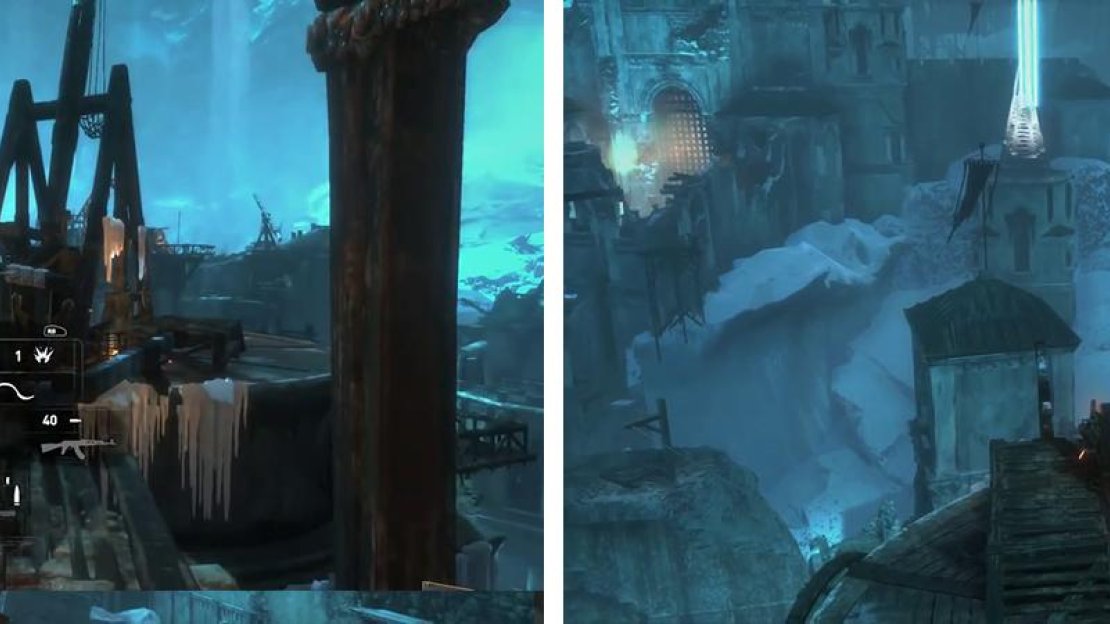 Attach the trebuchet to the tower (left) to help remove the ice. Afterwards, shoot the signal pyre (right) and then the gate to continue.