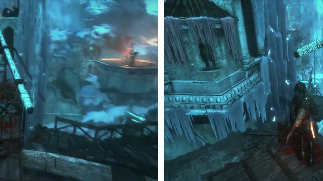 Position to the beam so that you can access the top of the tower (left). Attach the bucket to the beam and rotate it so that it fills with water (right).